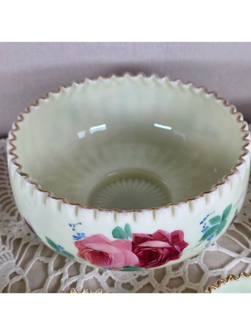 Antique Jefferson Optic Custard Glass Berry Bowl Set 7 Pc Hand Painted Roses Gol - Picture 3 of 15